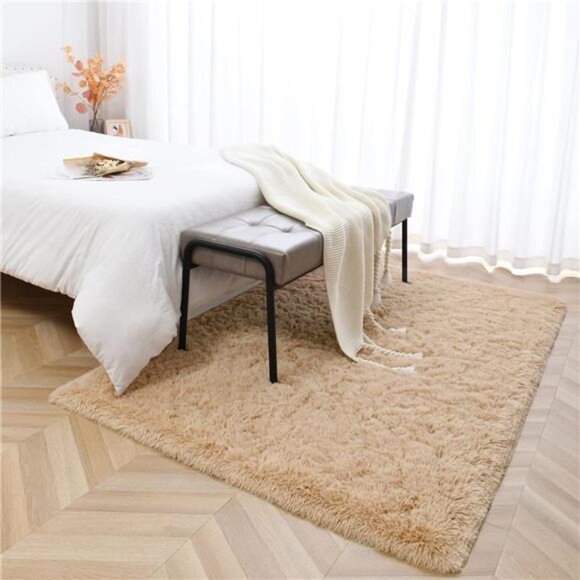 Beige Shaggy Rugs for Bedroom Living Room, Super Soft Fluffy Fuzzy Area Rug - Picture 4 of 7